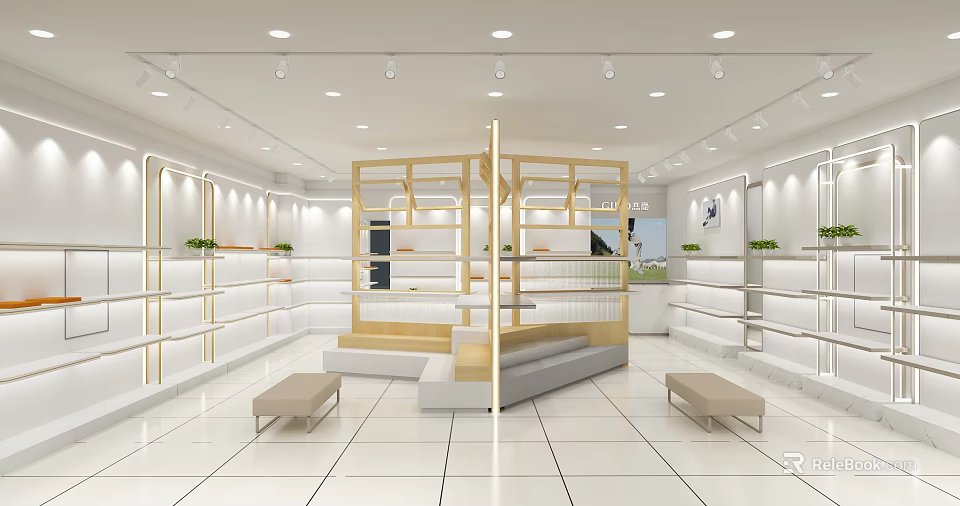 Modern Boutique Interior With Wooden Display Shelves Bright Lighting White Tiled Floors And Benches 3d model 