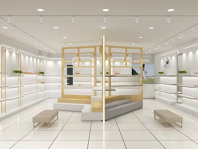 Modern Boutique Interior With Wooden Display Shelves Bright Lighting White Tiled Floors And Benches 3d model