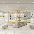 Modern Boutique Interior With Wooden Display Shelves Bright Lighting White Tiled Floors And Benches