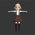 Anime Style Girl Character Blonde Twintails Blue Eyes Red Overall Skirt Arms Outstretched Gray Background