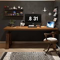 Wooden Desk and Chair Set with Computer Monitor Keyboard Headphones and Office Supplies