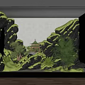 Garden Miniature Scene With Moss Covered Rocks Small Pavilion And Lush Plants In Glass Frame