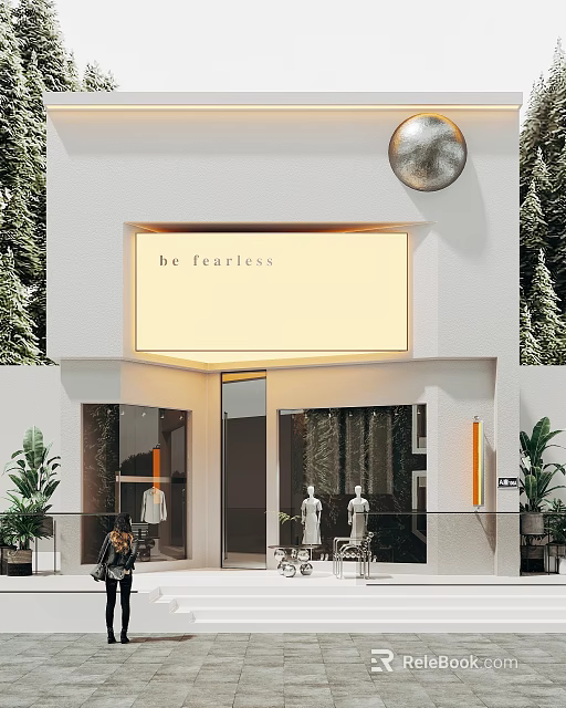 White Building Storefront With Be Fearless Sign Window Display Mannequins And Green Plants 3d model 