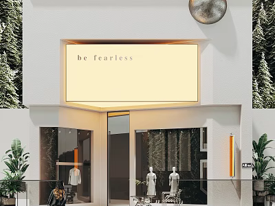 White Building Storefront With Be Fearless Sign Window Display Mannequins And Green Plants 3d model