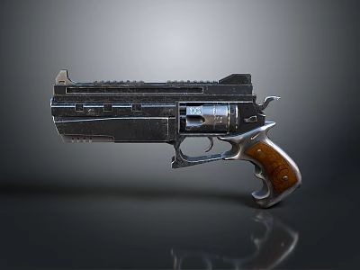 Futuristic Pistol with Metallic Body Wooden Grip and Detailed Structural Design Elements 3d model