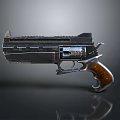 Futuristic Pistol with Metallic Body Wooden Grip and Detailed Structural Design Elements