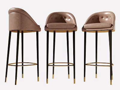 Modern Beige Leather Bar Stools With Tufted Backrest Black Metal Legs And Golden Base Ring 3d model