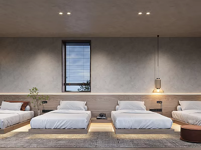 Minimalist Hotel Guest Room With Four Beds Concrete Walls Window Blinds Pendant Light And Rug 3d model