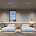Minimalist Hotel Guest Room With Four Beds Concrete Walls Window Blinds Pendant Light And Rug