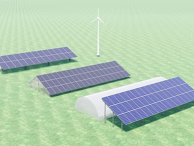 Renewable Energy Farm With Solar Panels Wind Turbine And Greenhouses 3d model