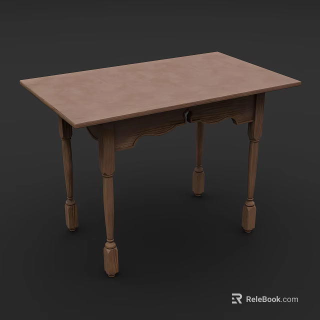 Wooden Desk with Light Brown Surface and Carved Legs Including Drawer 3d model 