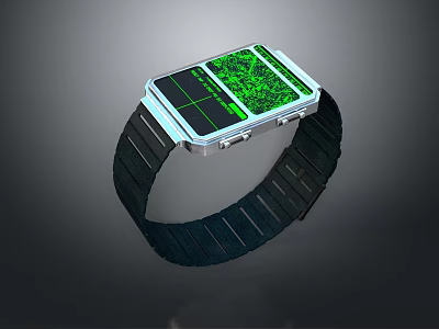 Modern Digital Watch With Square Dial Green Display And Black Strap 3d model