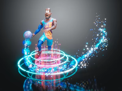 Game Movie Character in Orange Blue Outfit Holding Ball with Glowing Rings and Sparkling Particles 3d model