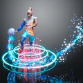 Game Movie Character in Orange Blue Outfit Holding Ball with Glowing Rings and Sparkling Particles