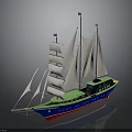 Modern Sailing Ship With White Sails Blue Hull And Green Deck Design