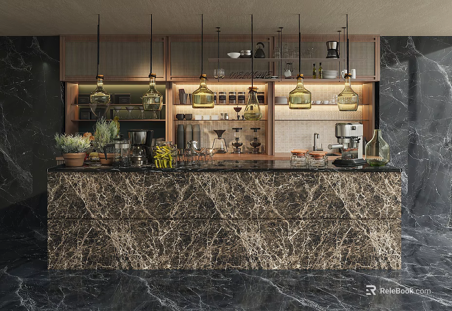 Modern Marble Bar Counter With Pendant Lights Wooden Cabinets Wine Glasses And Plants 3d model 