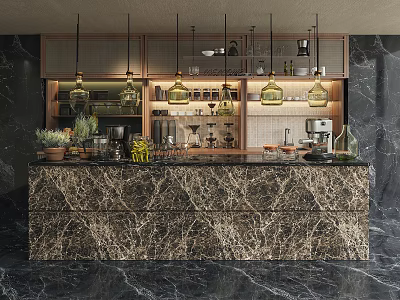 Modern Marble Bar Counter With Pendant Lights Wooden Cabinets Wine Glasses And Plants 3d model