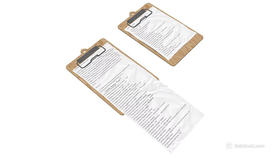 Wooden Clipboards Featuring Wrinkled Papers with Printed Text and Metal Clips 3d model 