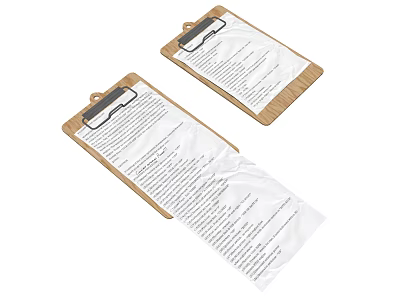 Wooden Clipboards Featuring Wrinkled Papers with Printed Text and Metal Clips 3d model