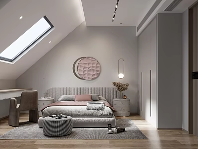 Bedroom Interior Design With Sloped Skylight Ceiling Circular Decor Painting Gray Wardrobe And Wooden Floor 3d model
