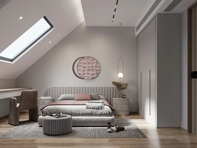 Bedroom Interior Design With Sloped Skylight Ceiling Circular Decor Painting Gray Wardrobe And Wooden Floor 3d model