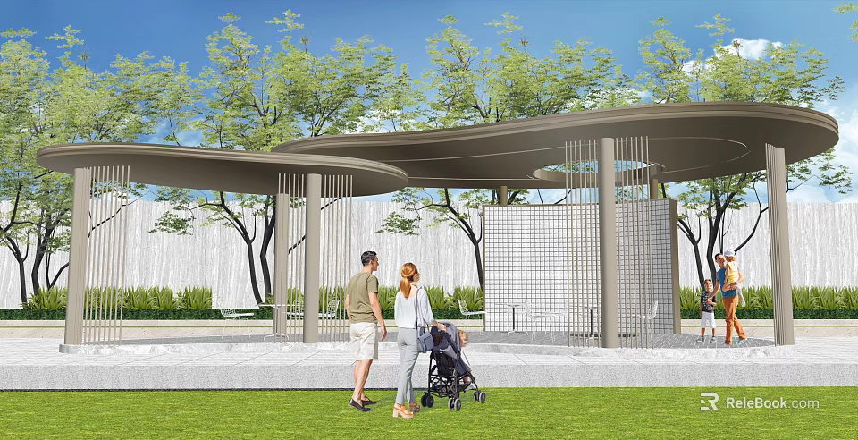 Modern Pergola With Curved Roof And Columns In Park Featuring Lawn Trees And Leisure Activities 3d model 