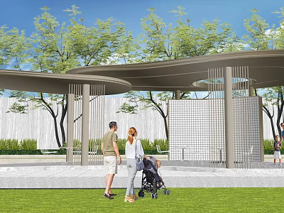 Modern Pergola With Curved Roof And Columns In Park Featuring Lawn Trees And Leisure Activities 3d model