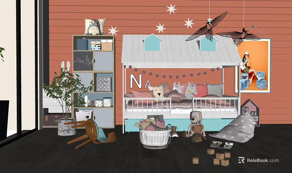 Kids Table in Playful Children's Room with Tent Bed Toys Bookshelf and Hanging Stars 3d model 