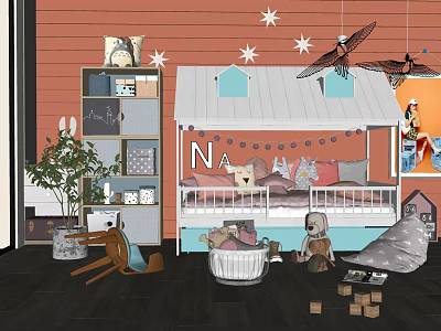 Kids Table in Playful Children's Room with Tent Bed Toys Bookshelf and Hanging Stars 3d model