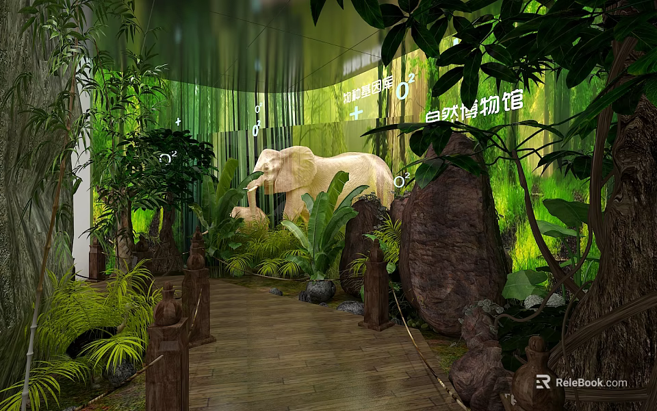 Natural Animal Museum Interior With Elephant Sculpture Green Plants And Wooden Walkway 3d model 