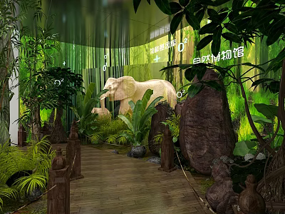 Natural Animal Museum Interior With Elephant Sculpture Green Plants And Wooden Walkway 3d model