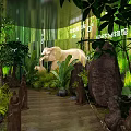 Natural Animal Museum Interior With Elephant Sculpture Green Plants And Wooden Walkway
