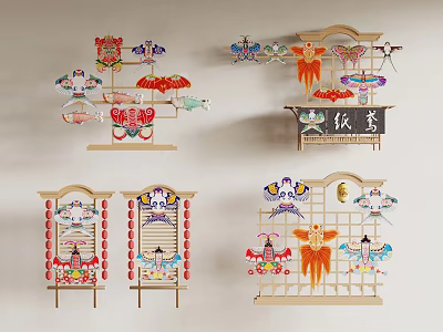 Garden Landscape Decorated With Various Kites Including Butterfly And Fish Shapes On Wooden Shelves 3d model