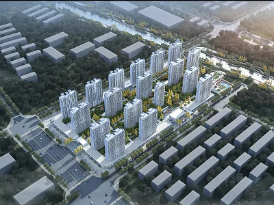 Aerial Planning of Modern Residential Community with High Rise Buildings Green Spaces and Water Features 3d model