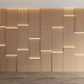 Elegant Modern Interior Wooden Geometric Panel Wall With Built-in Lighting And White Curtain