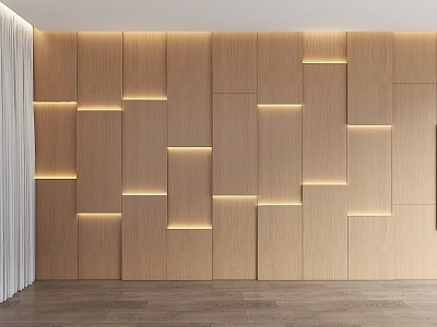 Elegant Modern Interior Wooden Geometric Panel Wall With Built-in Lighting And White Curtain 3d model