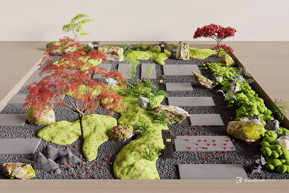 Courtyard Garden With Red Maples Green Plants Mossy Stones Stone Slab Paths And Black Pebbles 3d model 