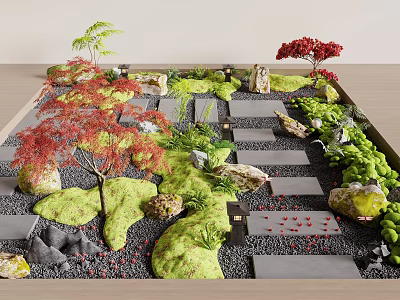 Courtyard Garden With Red Maples Green Plants Mossy Stones Stone Slab Paths And Black Pebbles 3d model