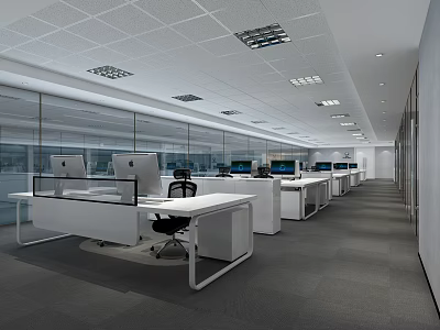 Modern Public Office Space With White Desks Black Office Chairs Mac Monitors And Glass Windows 3d model