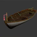 Vintage Handcrafted Wooden Boat with Red Lantern Seats and Classic Wooden Structure Details
