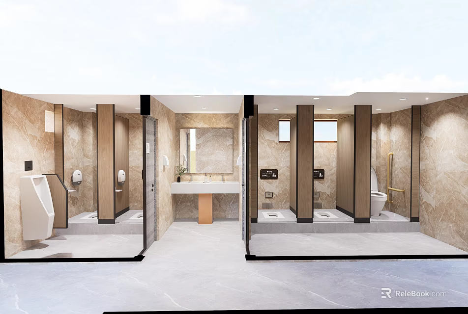 Public Restroom Interior Design With Tiled Walls Stalls Vanity Mirror And Natural Light 3d model 