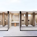 Public Restroom Interior Design With Tiled Walls Stalls Vanity Mirror And Natural Light