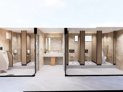 Public Restroom Interior Design With Tiled Walls Stalls Vanity Mirror And Natural Light 3d model