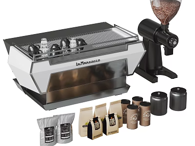 La Marzocco Coffee Machine With Grinder Bean Bags And Storage Containers In Kitchen 3d model
