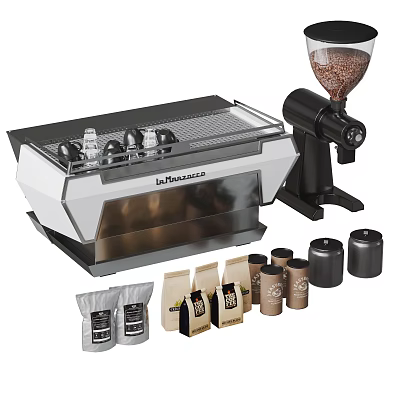 La Marzocco Coffee Machine With Grinder Bean Bags And Storage Containers In Kitchen 3d model