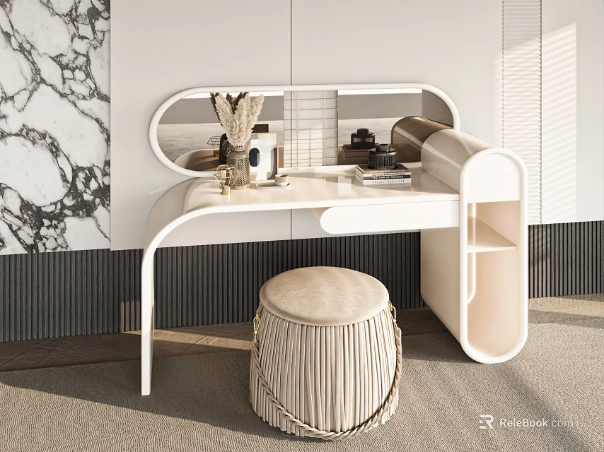Modern White Dressing Table With Beige Woven Stool And Marble Wall Decor 3d model