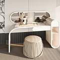 Modern White Dressing Table With Beige Woven Stool And Marble Wall Decor 3d model