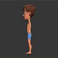 3D Cartoon Boy With Brown Short Hair And Blue Shorts Barefoot Arms Outstretched Dark Background