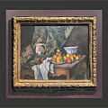 Classic Wooden Table in Gold Framed Still Life Painting with Fruits Vase and Cloth