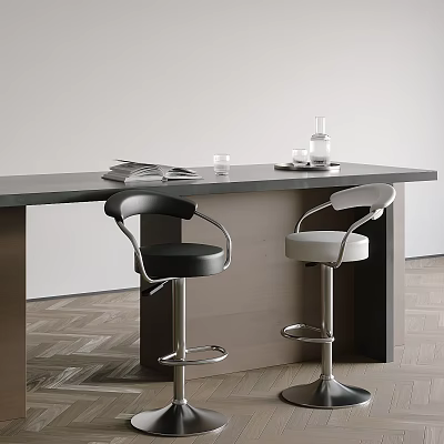 Modern Black And White Bar Stools With Metal Legs At Black Countertop In Contemporary Interior 3d model